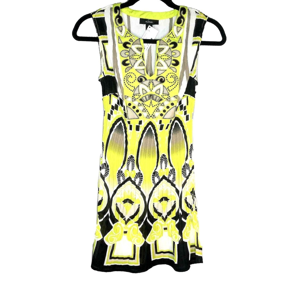 Alfani Women's 2 Yellow Black Geometric Pleated Mini Dress Sleeveless Retro NWT